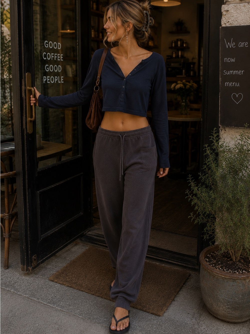 Brandy Melville Navy Blue Button-Up Women's Top